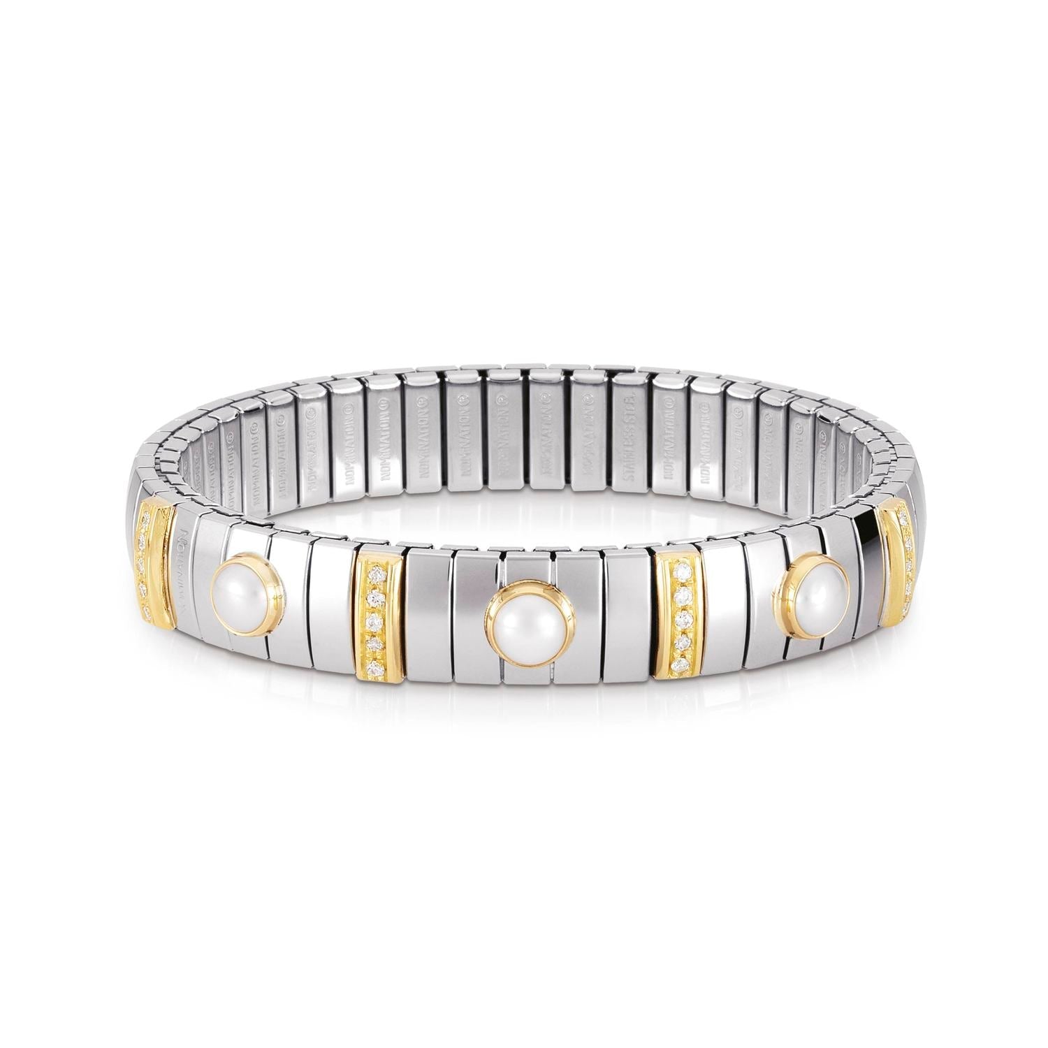 Nomination Armbander N,Y, MEDIUM Edelstahl, 18K-Gold, Cub, Zirc, und 3 Perlen (013_Weisse Perle)