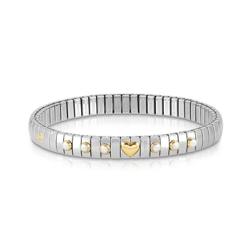 Nomination Armband XTE in Edelstahl, HERZ in 750er Gold und mit 6 Edelsteinen (007_PERLE WEISS)