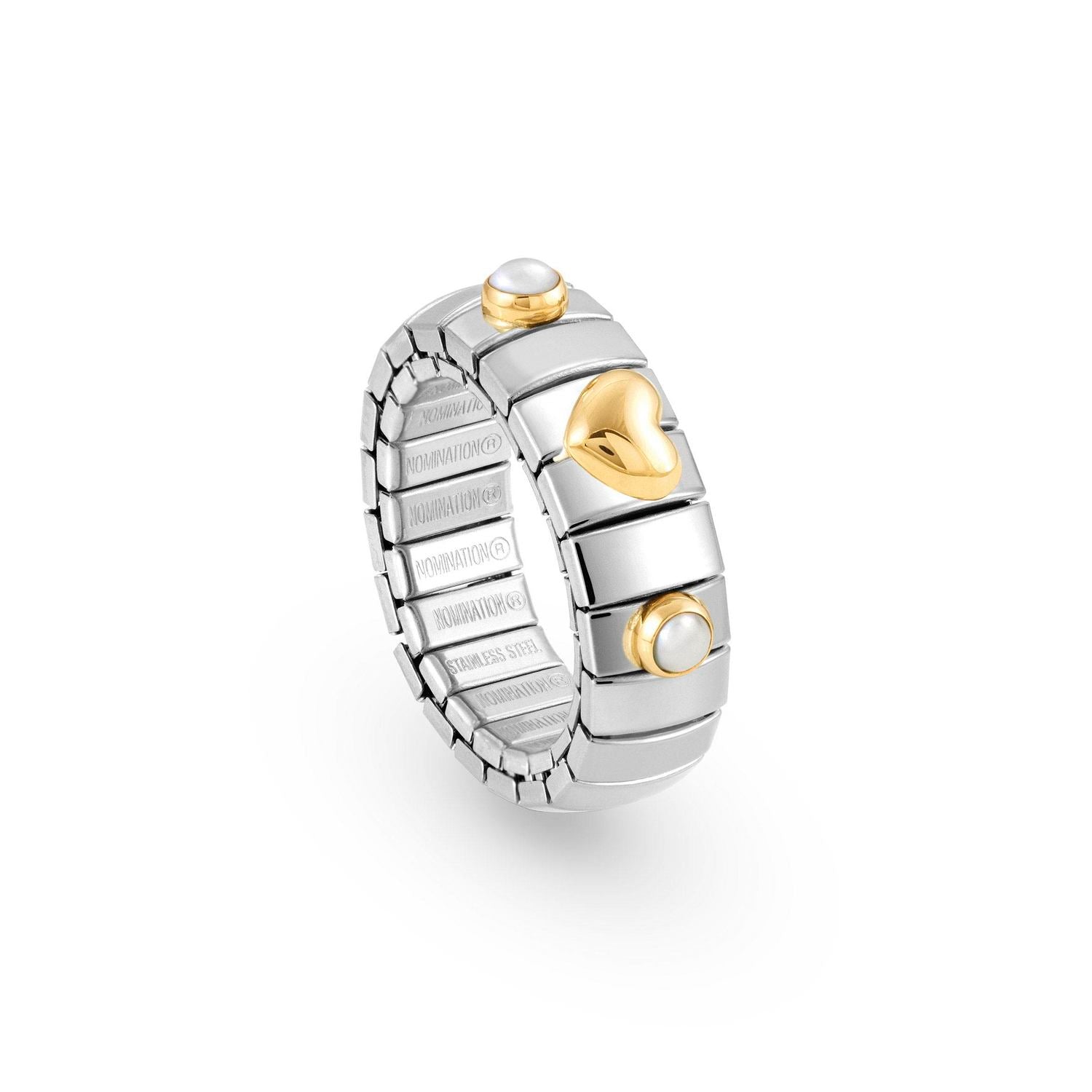 Nomination Ring XTE in Edelstahl, HERZ in 750er Gold und mit 2 Edelsteinen (007_PERLE WEISS)