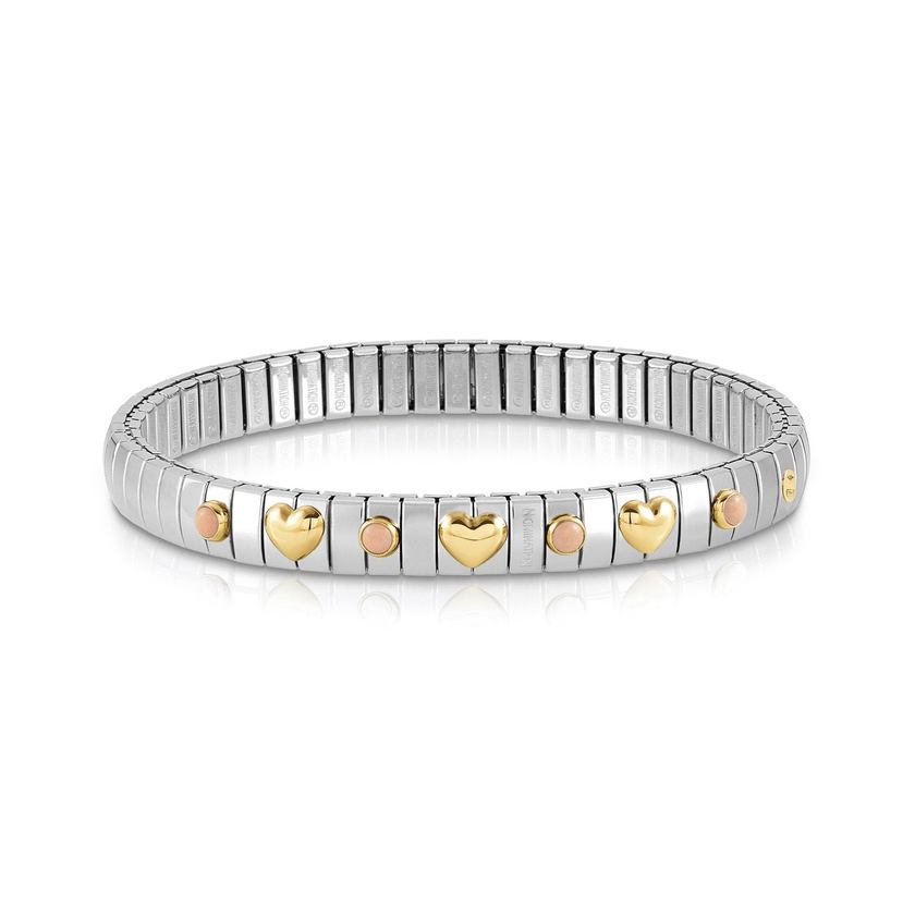 Nomination Armband XTE in Edelstahl, 3 HERZEN in 750er Gold und mit 4 Edelsteinen (006_KORALLE ROSA)