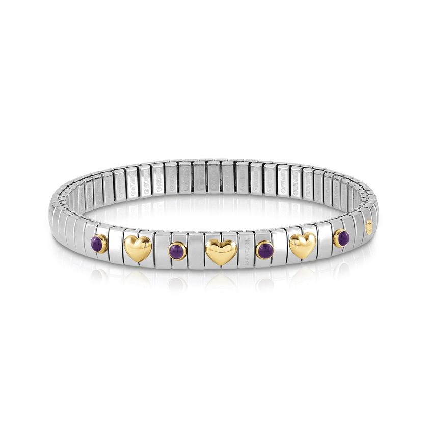 Nomination Armband XTE in Edelstahl, 3 HERZEN in 750er Gold und mit 4 Edelsteinen (013_AMETHYST)