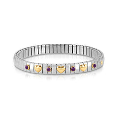 Nomination Armband XTE in Edelstahl, 3 HERZEN in 750er Gold und mit 4 Edelsteinen (013_AMETHYST)