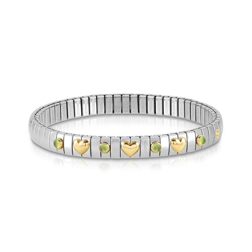 Nomination Armband XTE in Edelstahl, 3 HERZEN in 750er Gold und mit 4 Edelsteinen (016_PERIDOT)
