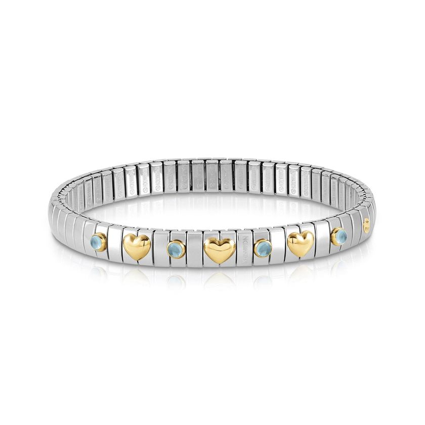 Nomination Armband XTE in Edelstahl, 3 HERZEN in 750er Gold und mit 4 Edelsteinen (025_TOPAS BLAU)