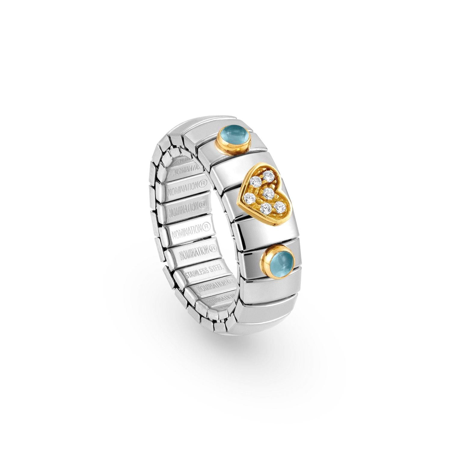 Nomination Ring XTE in Edelstahl, HERZ in 750er Gold, Cubic Zirkonia und mit 2 Edelsteinen (025_TOPAS BLAU)