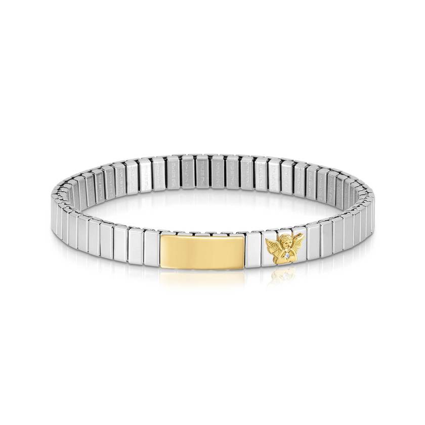 Nomination EXTENSION SMALL Armband aus Edelstahl, mit Plakette aus 18Kt-Gold und mit Cubic Zirkonia verzierter Figur: mit individueller Gravur (011_Engel)