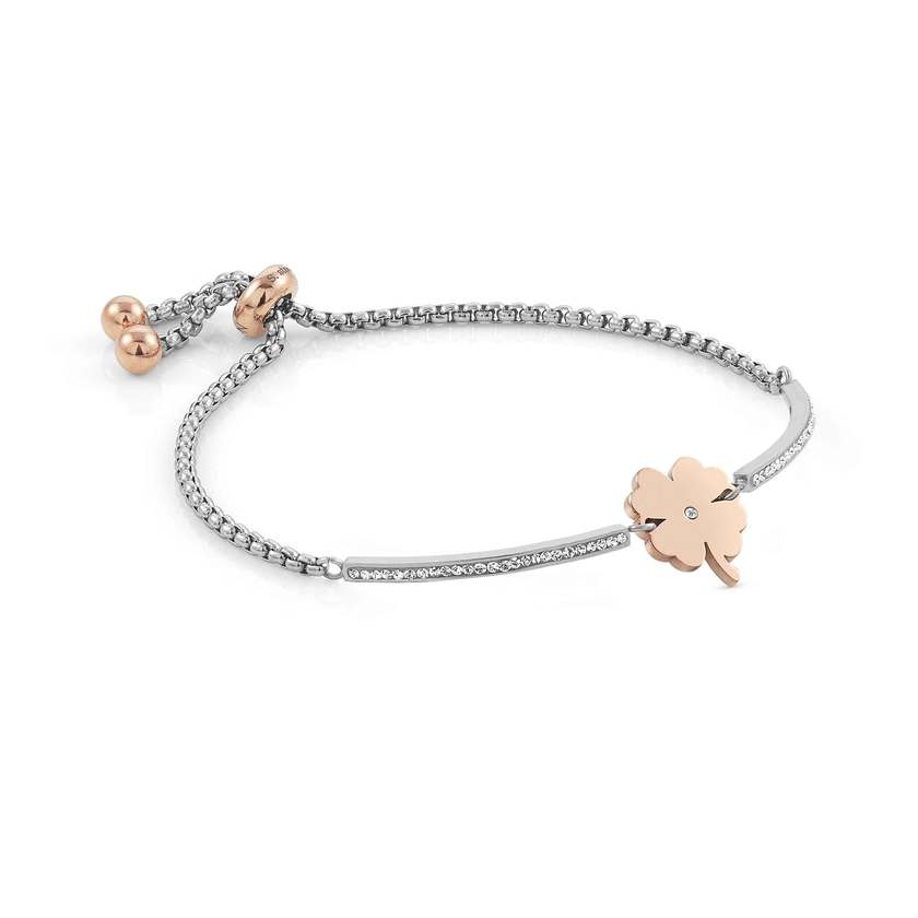 Nomination MILLELUCI Armband aus Edelstahl, mit Cubic Zirkonia verziert, dazu ein rose PVD-beschichtetes Schmuckelement (006_Kleeblatt)