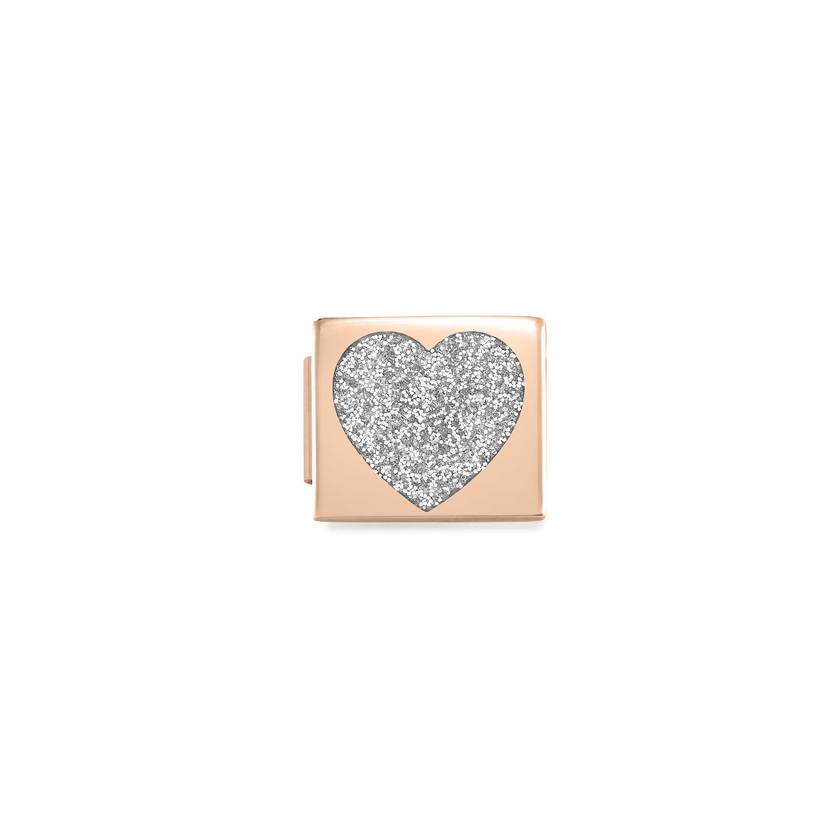 Nomination COMPOSABLE GLAM SYMBOLE Element aus Edelstahl, mit Emaille verziert, rosegold PVD-beschichtet (01_Glitzer-Herz SILBER)