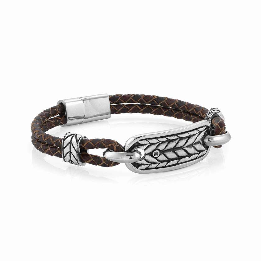 Nomination INSTINCT MARINA EDITION Armband aus Leder (braun) und Edelstahl, mit schwarzem Kristall verziert (029_Seilmuster)