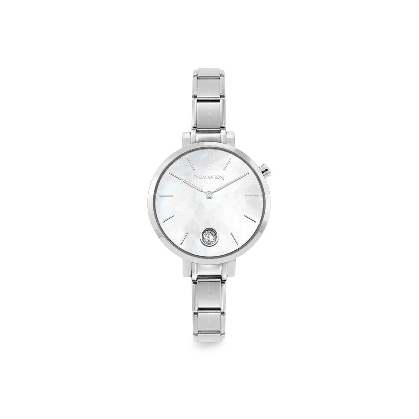 Nomination PARIS Armbanduhr aus Edelstahl, mit Cubic Zirconia verziertes Gehaeuse (008_Perlmutt Weiss)