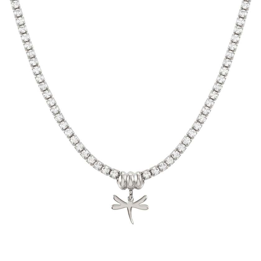 Nomination CHIC&CHARM Tennis-Halskette aus 925er Silber, mit Cubic Zirkonia halb besetzt, dazu Anhaenger (046_(Libelle, Silber))