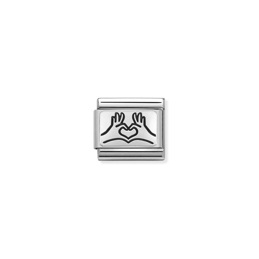 Nomination COMPOSABLE CLASSIC OXIDIERTE PLAKETTE aus Edelstahl, mit 925er Silber verziert, (58_(Herzhaende))
