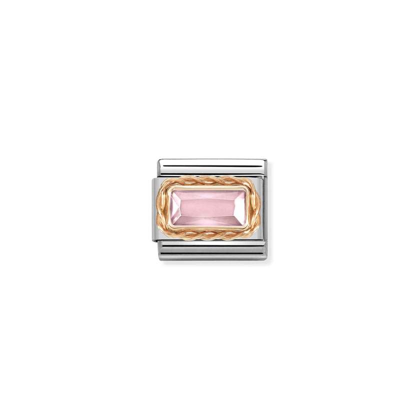 Nomination COMPOSABLE CLASSIC FACETTIERTE ZIRKONIA Element aus Edelstahl mit Cubic Zirkonia im Baguette-Schliff in Kordelfassung aus 9Kt Rosegold verziert (003_ROSA)