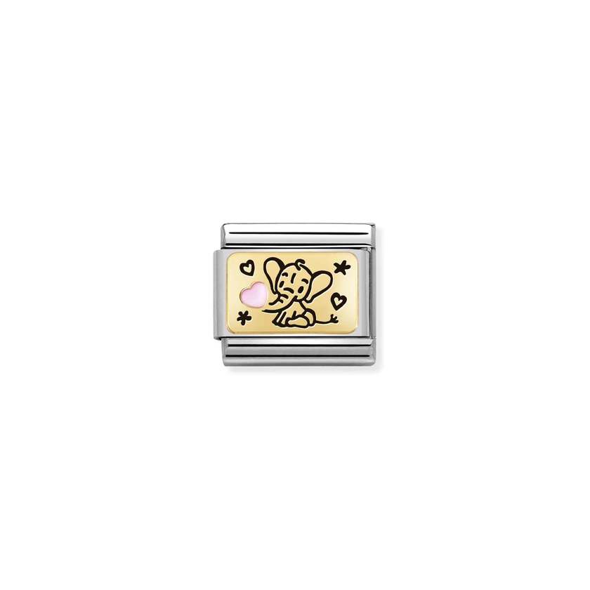 Nomination COMPOSABLE CLASSIC PLATTEN Element aus Edelstahl, mit Emaille und 18Kt Gelbgold verziert (03_(Elefantenbaby, Rosa))