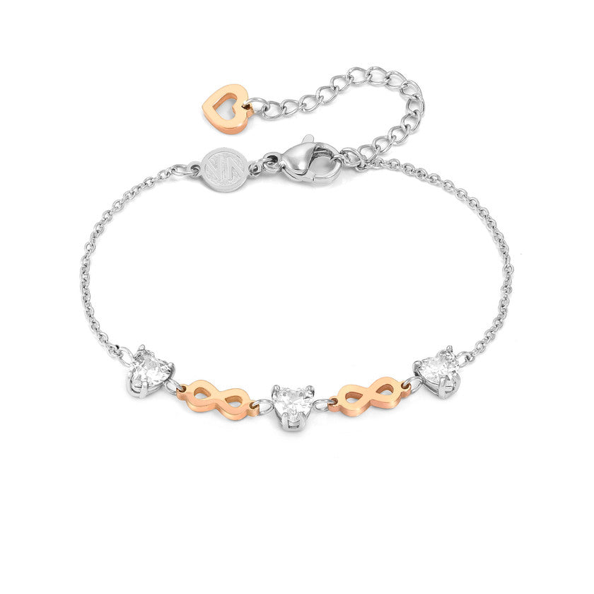 Nomination PRINCIPESSINA Armband aus Edelstahl, mit Cubic Zirkonia im Herz-Schliff und rose PVD-beschichteten Symbolen verziert (024_Unendliche)