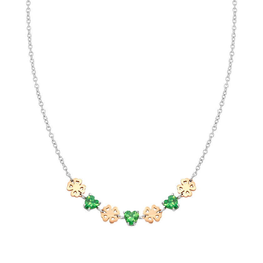 Nomination PRINCIPESSINA Halskette aus Edelstahl, mit Cubic Zirkonia im Herz-Schliff und rose PVD-beschichteten Symbolen verziert (006_Kleeblatt)