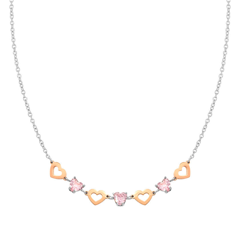 Nomination PRINCIPESSINA Halskette aus Edelstahl, mit Cubic Zirkonia im Herz-Schliff und rose PVD-beschichteten Symbolen verziert (022_Herz)