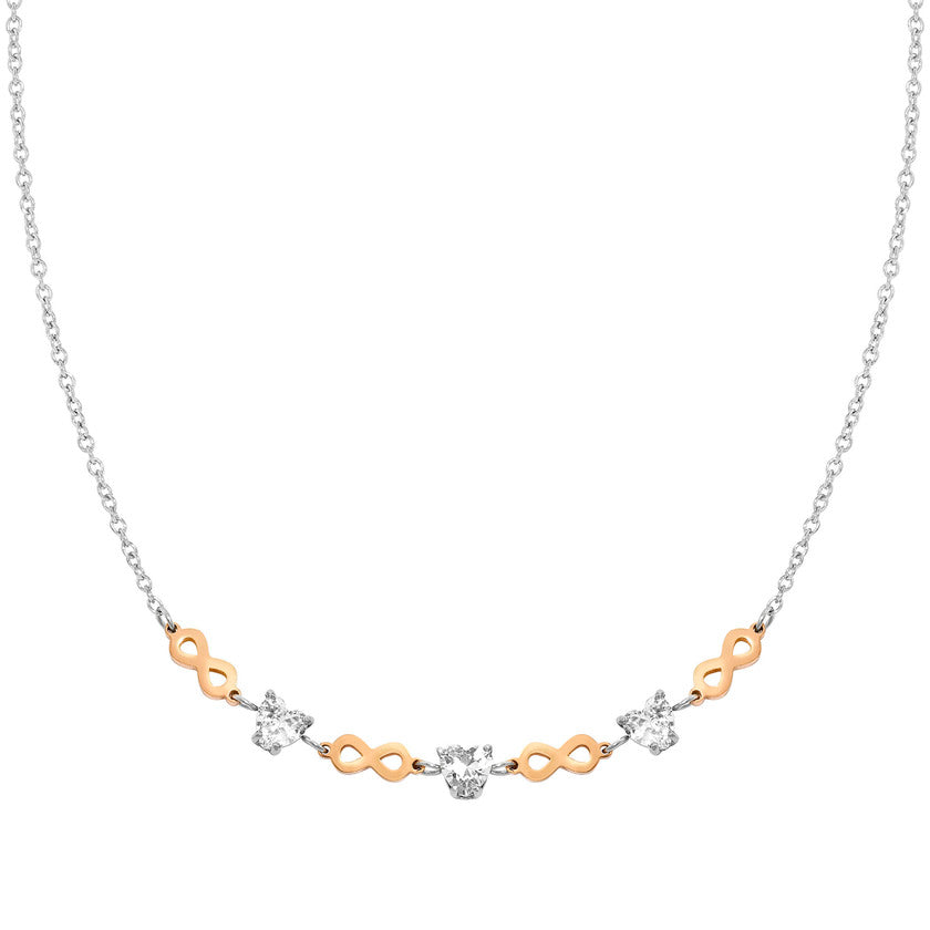 Nomination PRINCIPESSINA Halskette aus Edelstahl, mit Cubic Zirkonia im Herz-Schliff und rose PVD-beschichteten Symbolen verziert (024_Unendliche)