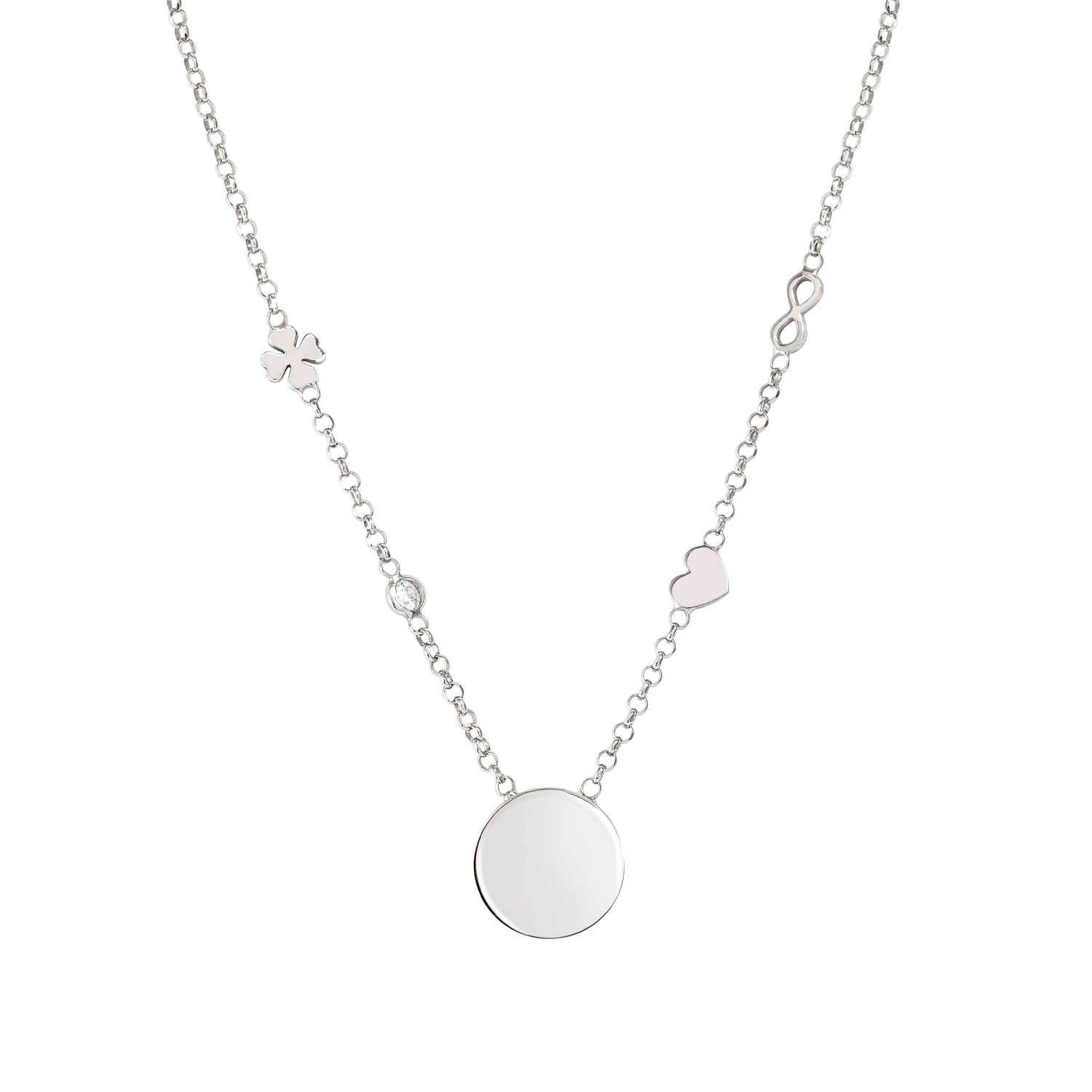 Nomination MESSAGGI D'AMORE Kugelhalskette mit individuell gravierter Plakette aus 925er Silber, mit Cubic Zirkonia und verschiedenen Symbolen verziert (016_(Kreis))