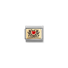 Nomination COMPOSABLE CLASSIC PLATTEN Element aus Edelstahl, mit Emaille und 18Kt Gelbgold verziert (07_(Family mit rotem Herzen))