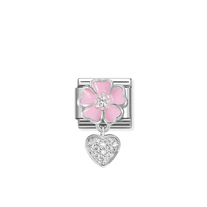 Nomination COMPOSABLE CLASSIC Element aus Edelstahl, dazu Charmanhaenger aus 925er Silber, mit Emaille und Cubic Zirkonia verziert (01_(rosa Blume, Herz))
