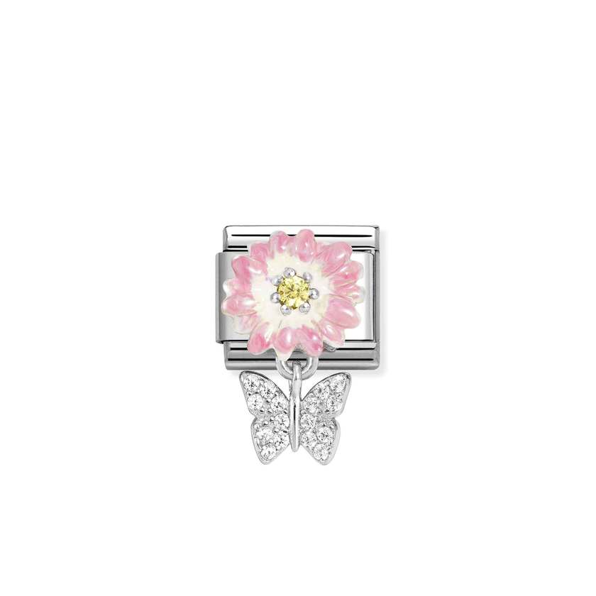 Nomination COMPOSABLE CLASSIC Element aus Edelstahl, dazu Charmanhaenger aus 925er Silber, mit Emaille und Cubic Zirkonia verziert (08_(rosa Margerite, Schmetterling)