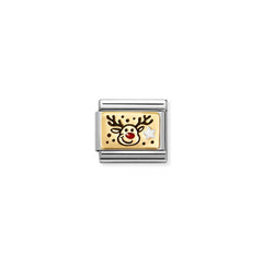 Nomination COMPOSABLE CLASSIC PLATTEN Element aus Edelstahl, mit Emaille und 18Kt Gelbgold verziert (11_(Rentier mit roter Nase))