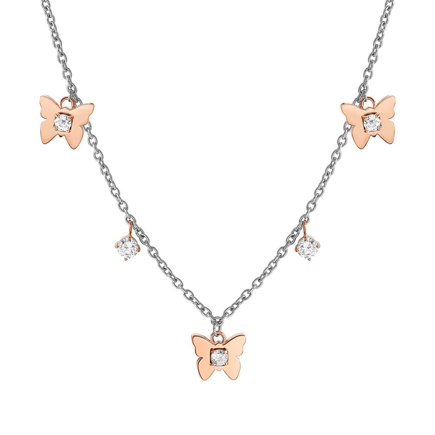 Nomination MYSOPHIE Halskette aus Edelstahl, dazu 3 Symbole und Charm-Anhänger, rosé PVD-beschichtet und mit Cubic Zirkonia verziert (010_Schmetterling)