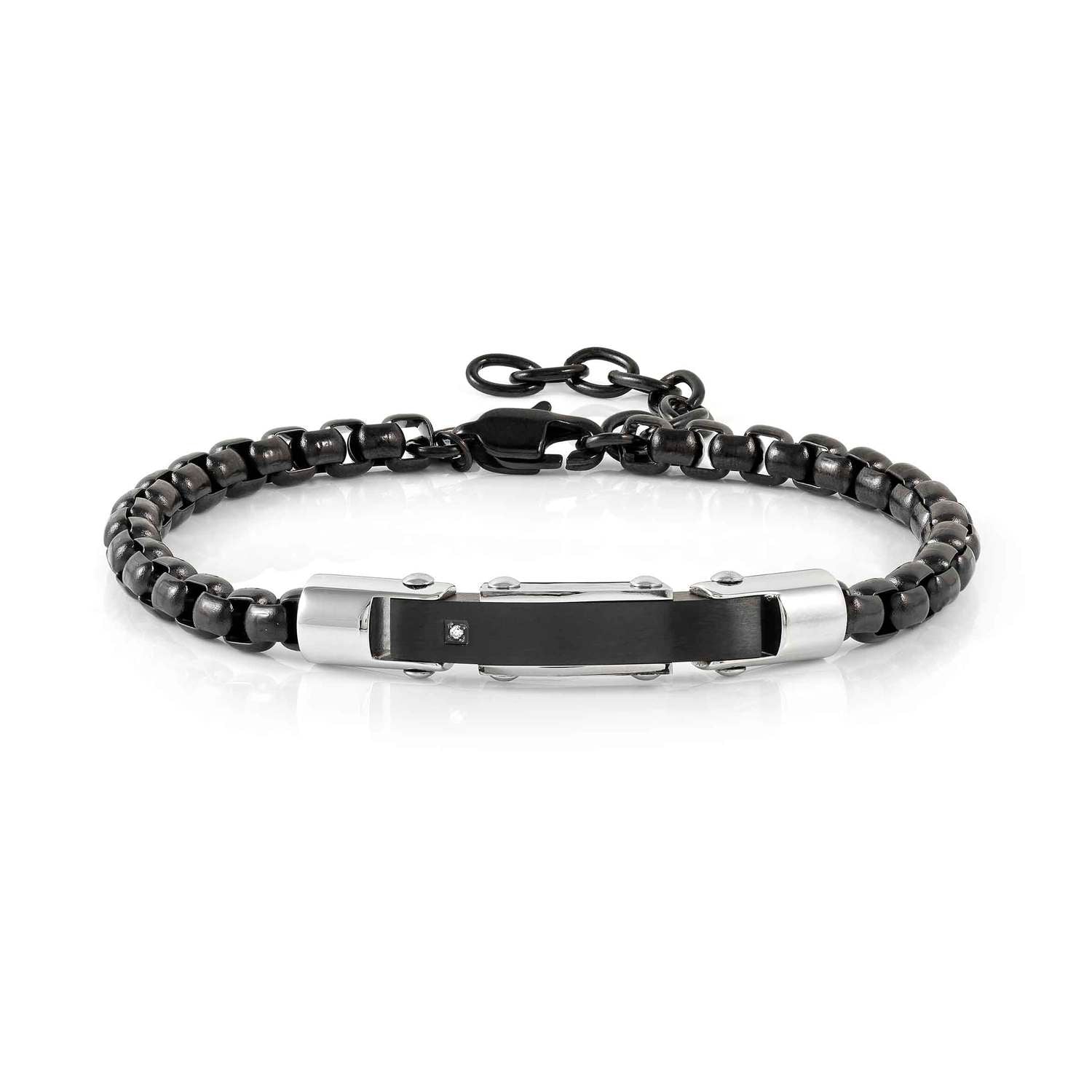Nomination STRONG DIAMOND Armband (Ankerkette) aus Edelstahl, dazu mit 1 Diamant verzierte Plakette (030_Edelstahl und Schwarz)