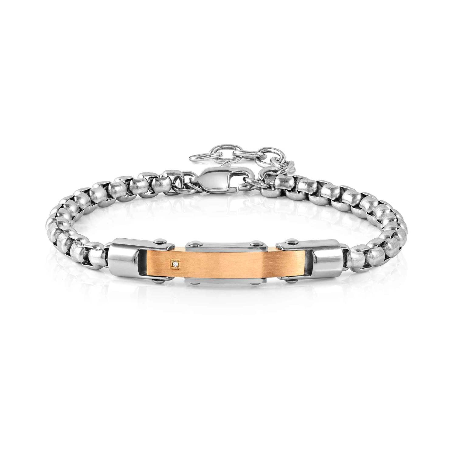 Nomination STRONG DIAMOND Armband (Ankerkette) aus Edelstahl, dazu mit 1 Diamant verzierte Plakette (034_Edelstahl und Rosegold)