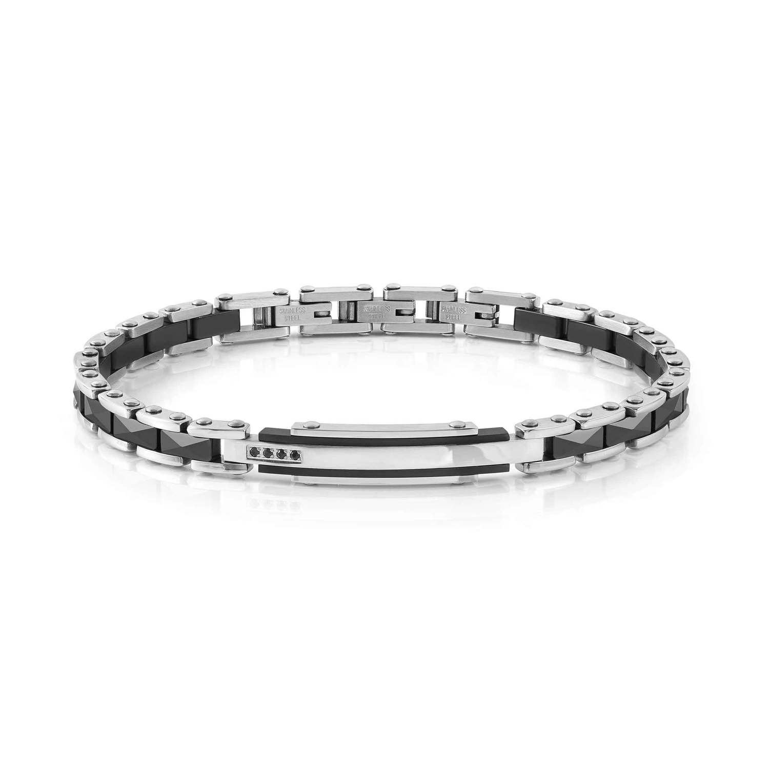 Nomination STRONG DIAMOND Armband aus Edelstahl mit Keramik-Details, dazu mit 4 Schmucksteinen verzierte Plakette (009_(Diamant, Schwarz))