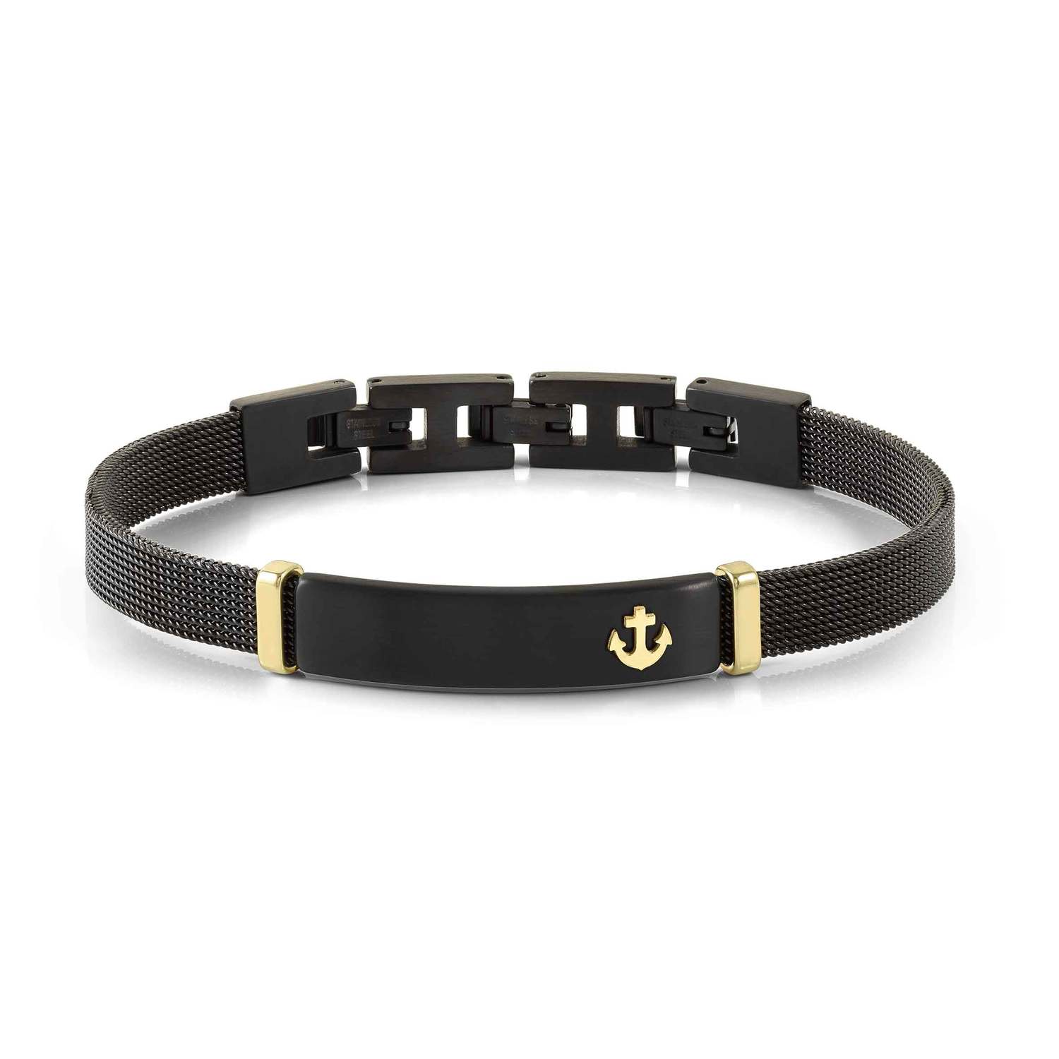Nomination #SEALOVER Geflecht-Armband aus Edelstahl, schwarz PVD-beschichtet, mit gold PVD-beschichteten Details verziert (002_Anker)