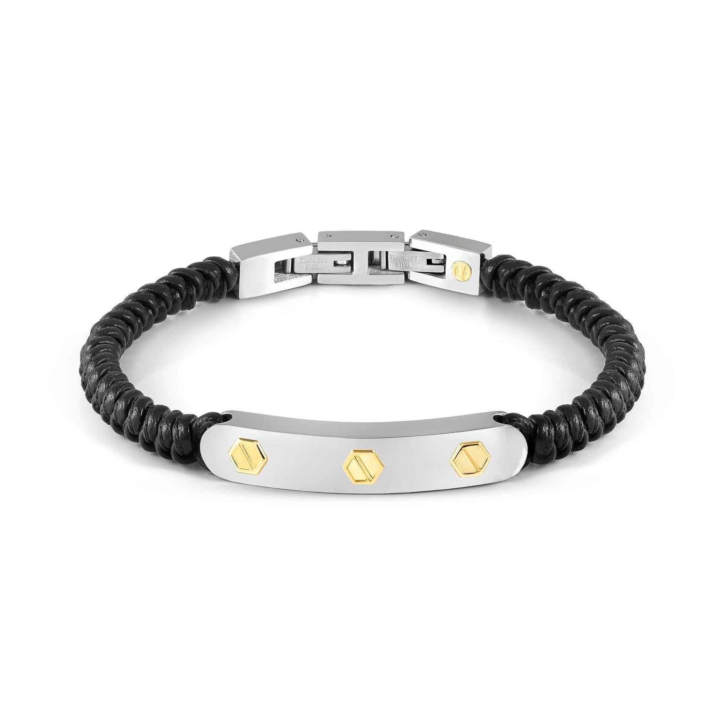 Nomination REFINED Lederarmband, dazu Edelstahl-Plakette, mit 18kt Gold verziert (032_(Schraube))