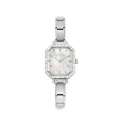 Nomination PARIS Armbanduhr aus Edelstahl mit eckigem Gehaeuse, mit Cubic Zirkonia umrandet (008_Perlmutt Weiss)