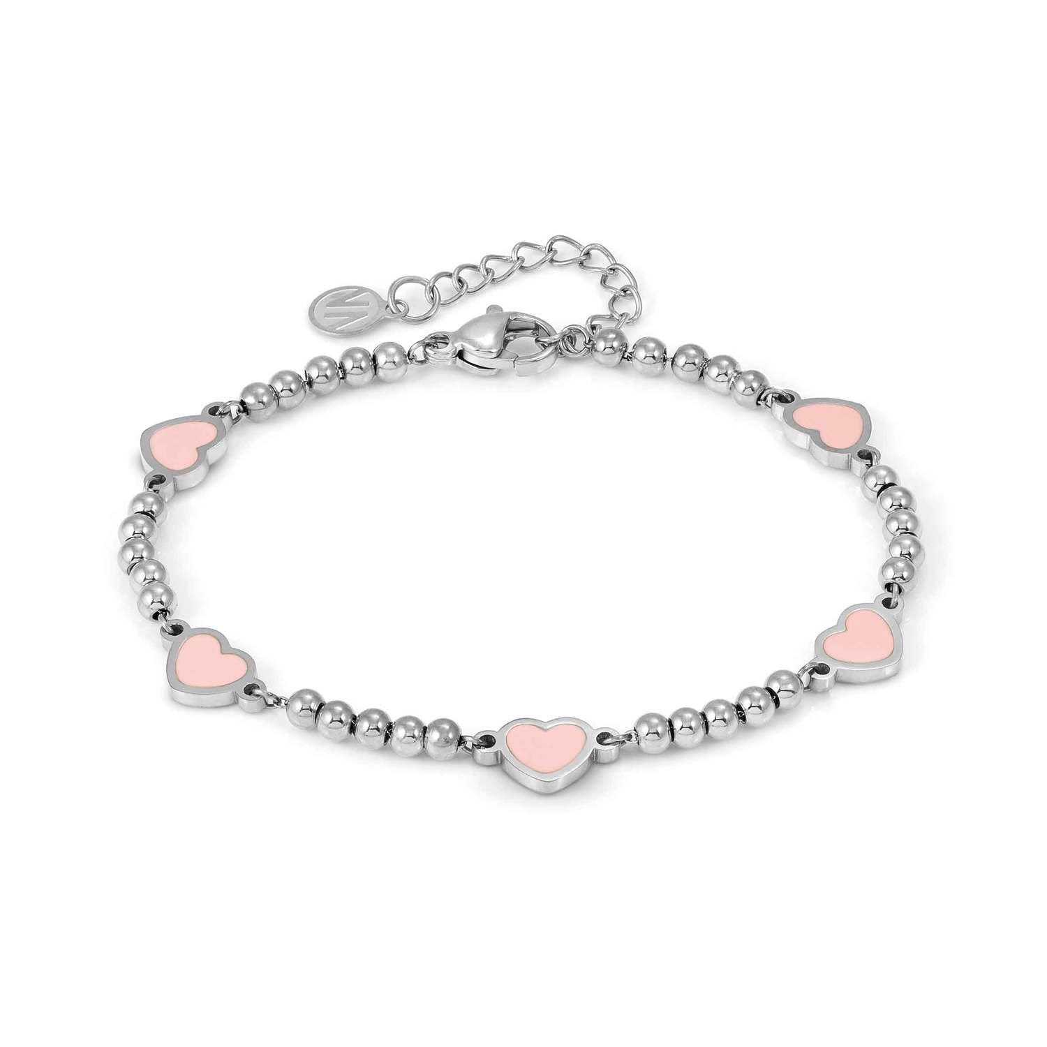 Nomination EMOSFERE Armband aus Edelstahlperlen, dazu 5 mit Emaille verzierte Schmuckelemente (006_(Herz, Rosa))