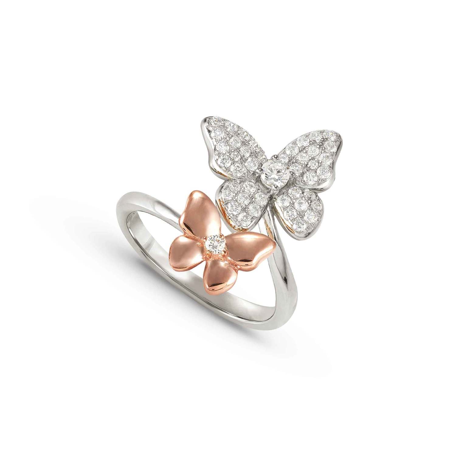 Nomination SWEETMADAME 'Toi-et-Moi'-Ring aus 925er Silber, dazu 2 mit Cubic Zirkonia verzierte Schmuckelemente (041_(Schmetterling, Rosegold)-006_Grosse 15)