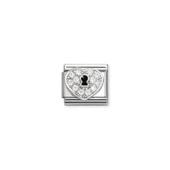 Nomination COMPOSABLE CLASSIC SYMBOLE Element aus Edelstahl, mit Emaille, 925er Silber und Cubic Zirkonia verziert (09_(Herzschloss, Weiß))
