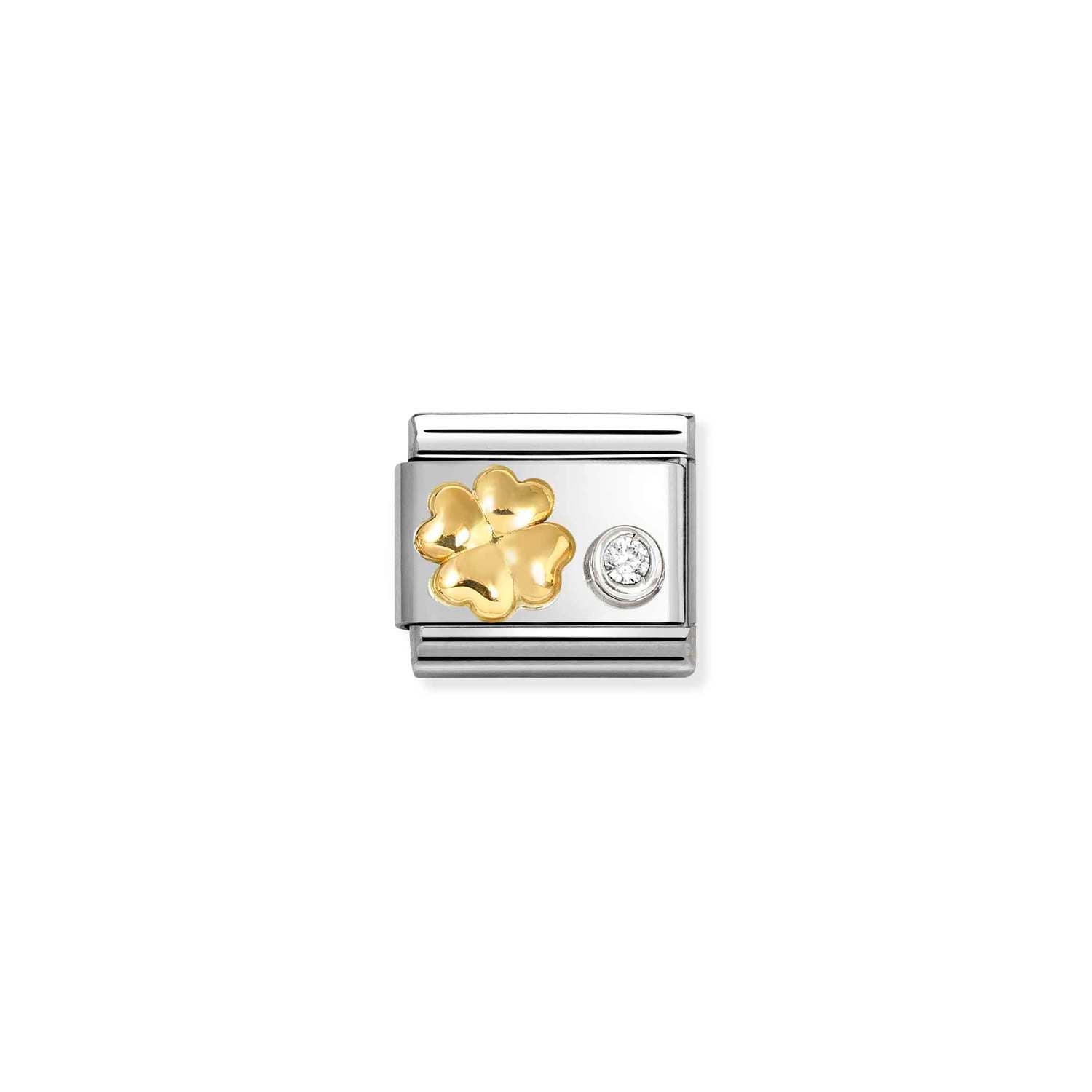 Nomination COMPOSABLE CLASSIC SYMBOLE Element aus Edelstahl, mit 18kt Gold und Cubic Zirkonia in 925er Silber-Fassung verziert (03_(Glücksklee, weißer CZ))