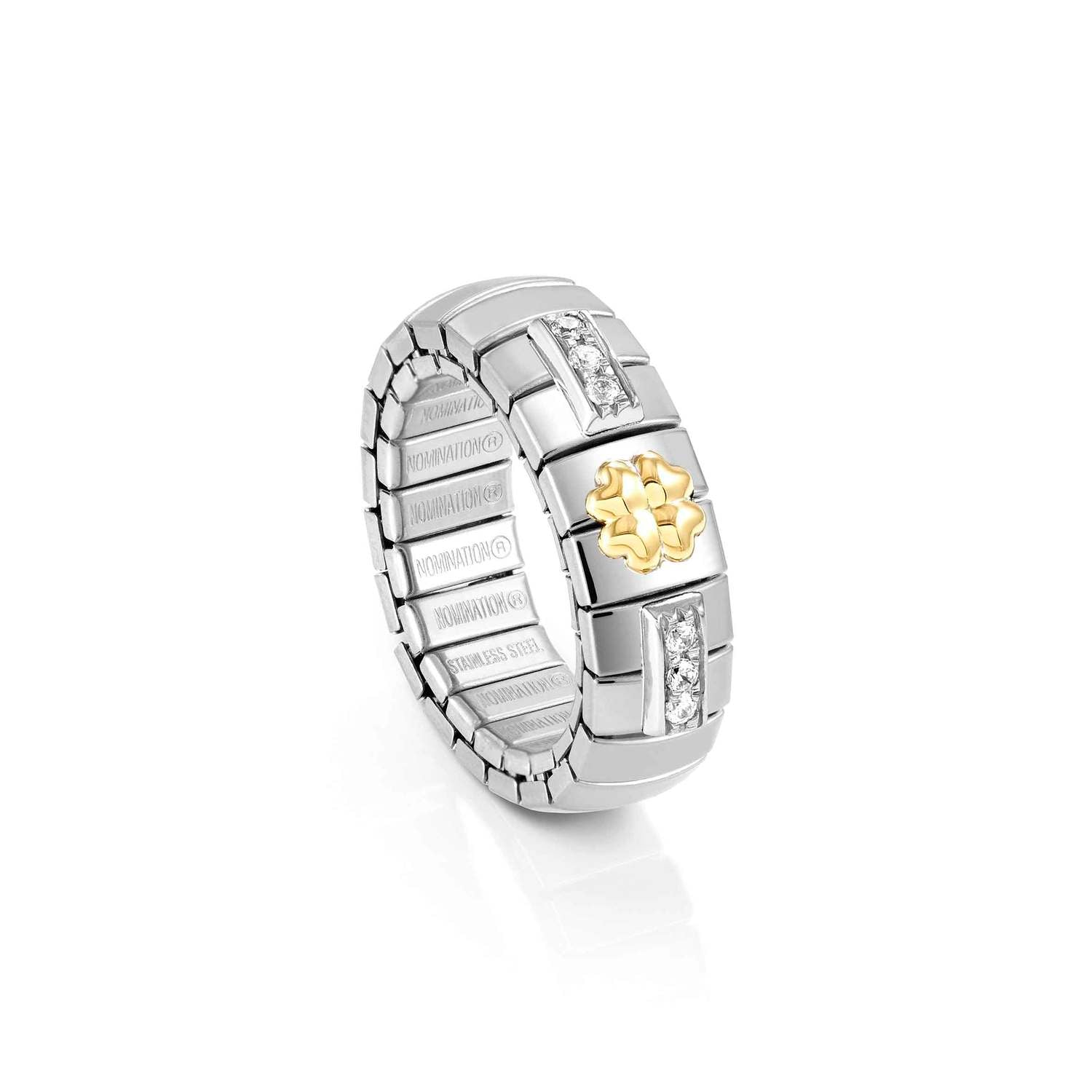 Nomination EXTENSION Ring aus Edelstahl, mit Symbol aus 18kt Gelbgold und Cubic Zirkonia-Pavés in 925er Silber-Fassung verziert (004_Glucksklee)