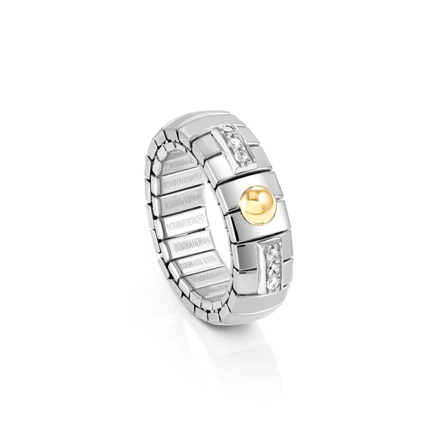 Nomination EXTENSION Ring aus Edelstahl, mit Symbol aus 18kt Gelbgold und Cubic Zirkonia-Pavés in 925er Silber-Fassung verziert (008_Kugelchen)