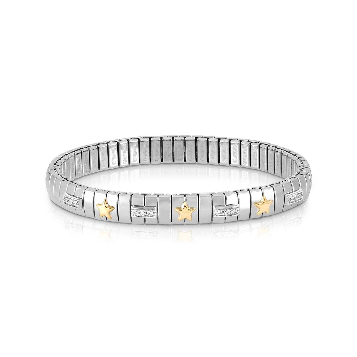Nomination EXTENSION Armband aus Edelstahl, mit 3 Symbolen aus 18kt Gelbgold und Cubic Zirkonia-Pavés in 925er Silber-Fassung verziert (007_Stern)