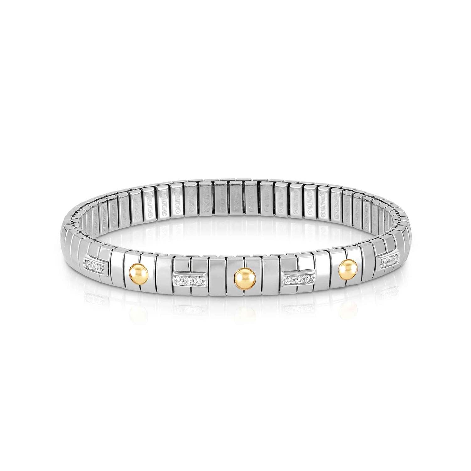 Nomination EXTENSION Armband aus Edelstahl, mit 3 Symbolen aus 18kt Gelbgold und Cubic Zirkonia-Pavés in 925er Silber-Fassung verziert (008_Kugelchen)
