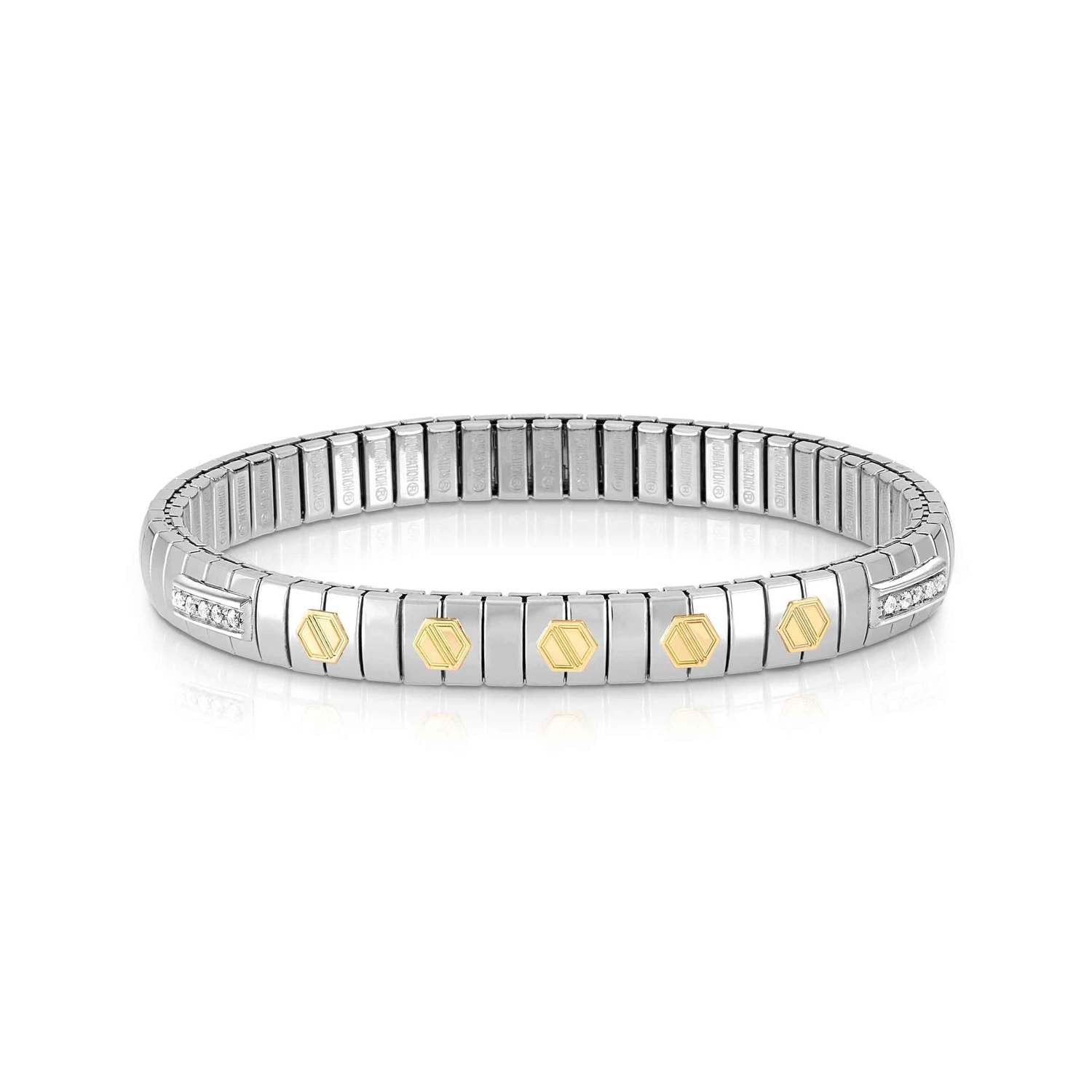 Nomination EXTENSION Armband aus Edelstahl, mit 5 Symbolen aus 18kt Gelbgold und Cubic Zirkonia-Pavés in 925er Silber-Fassung verziert (046_(Schraube))