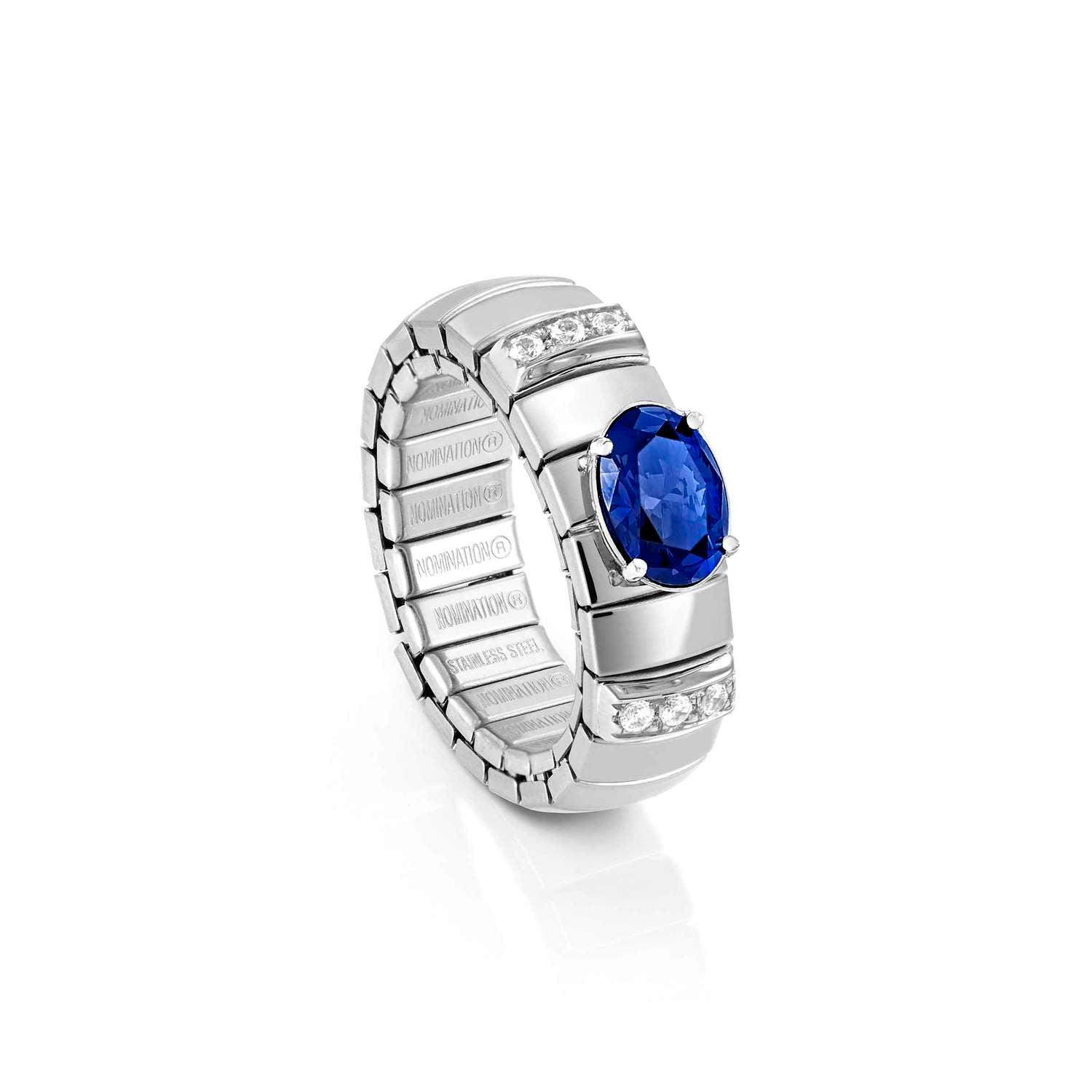 Nomination EXTENSION Ring aus Edelstahl, mit 1 Cubic Zirkonia (Oval-Schliff) und Cubic Zirkonia-Pavés in 925er Silber-Fassung verziert (007_BLAU)