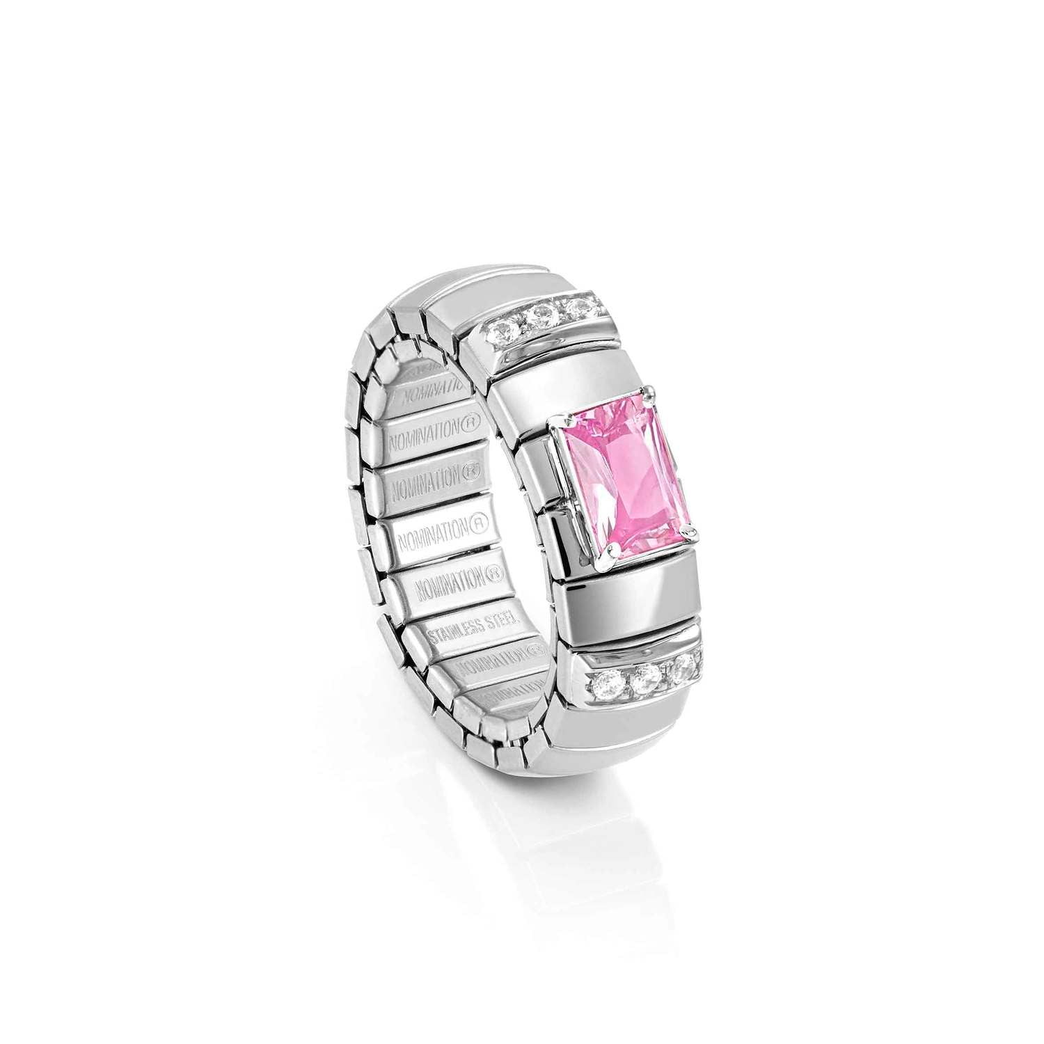 Nomination EXTENSION Ring aus Edelstahl, mit 1 Cubic Zirkonia (Baguette-Schliff) und Cubic Zirkonia-Pavés in 925er Silber-Fassung verziert (003_ROSA)