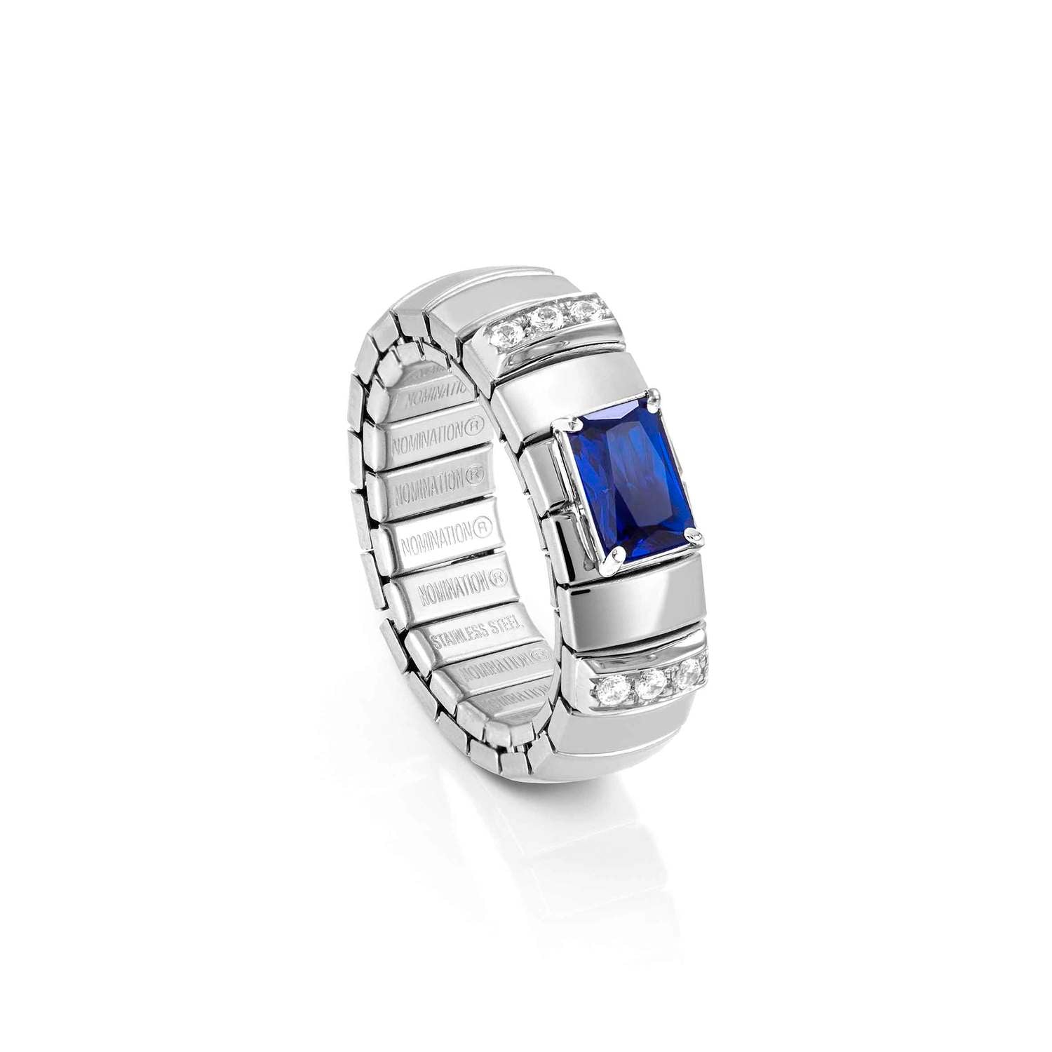 Nomination EXTENSION Ring aus Edelstahl, mit 1 Cubic Zirkonia (Baguette-Schliff) und Cubic Zirkonia-Pavés in 925er Silber-Fassung verziert (007_BLAU)