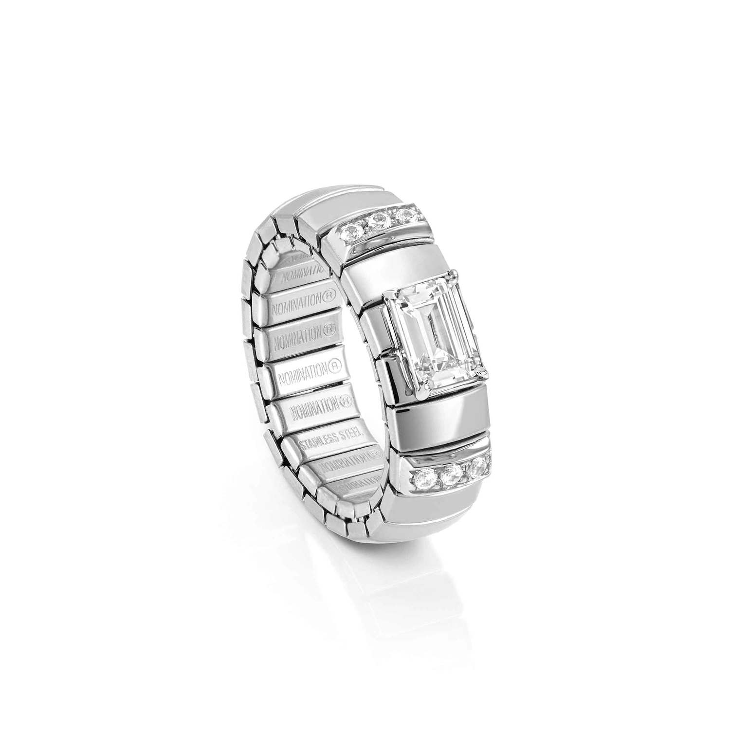 Nomination EXTENSION Ring aus Edelstahl, mit 1 Cubic Zirkonia (Baguette-Schliff) und Cubic Zirkonia-Pavés in 925er Silber-Fassung verziert (010_WEISS)