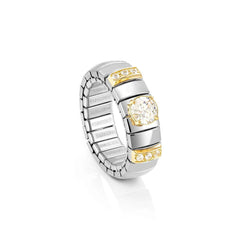 Nomination EXTENSION Ring aus Edelstahl, mit 1 Cubic Zirkonia (Brillant-Schliff) und Cubic Zirkonia-Pavés in 18kt Gelbgold-Fassung verziert (010_WEISS)
