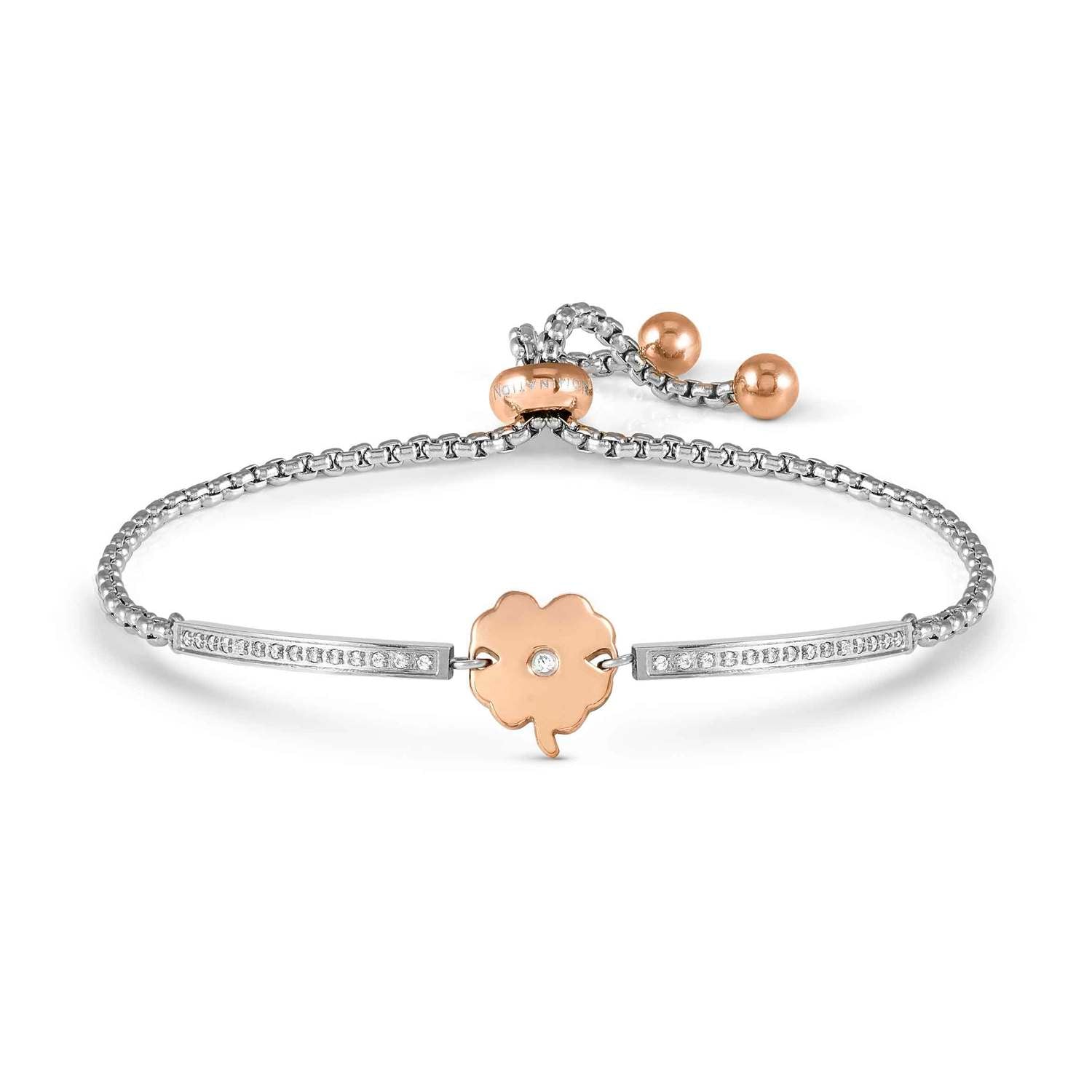 Nomination MILLELUCI REFINED EDITION Armband aus Edelstahl mit rosé PVD-beschichteten Details, dazu mit Cubic Zirkonia verziertes Schmuckelement (006_Kleeblatt)