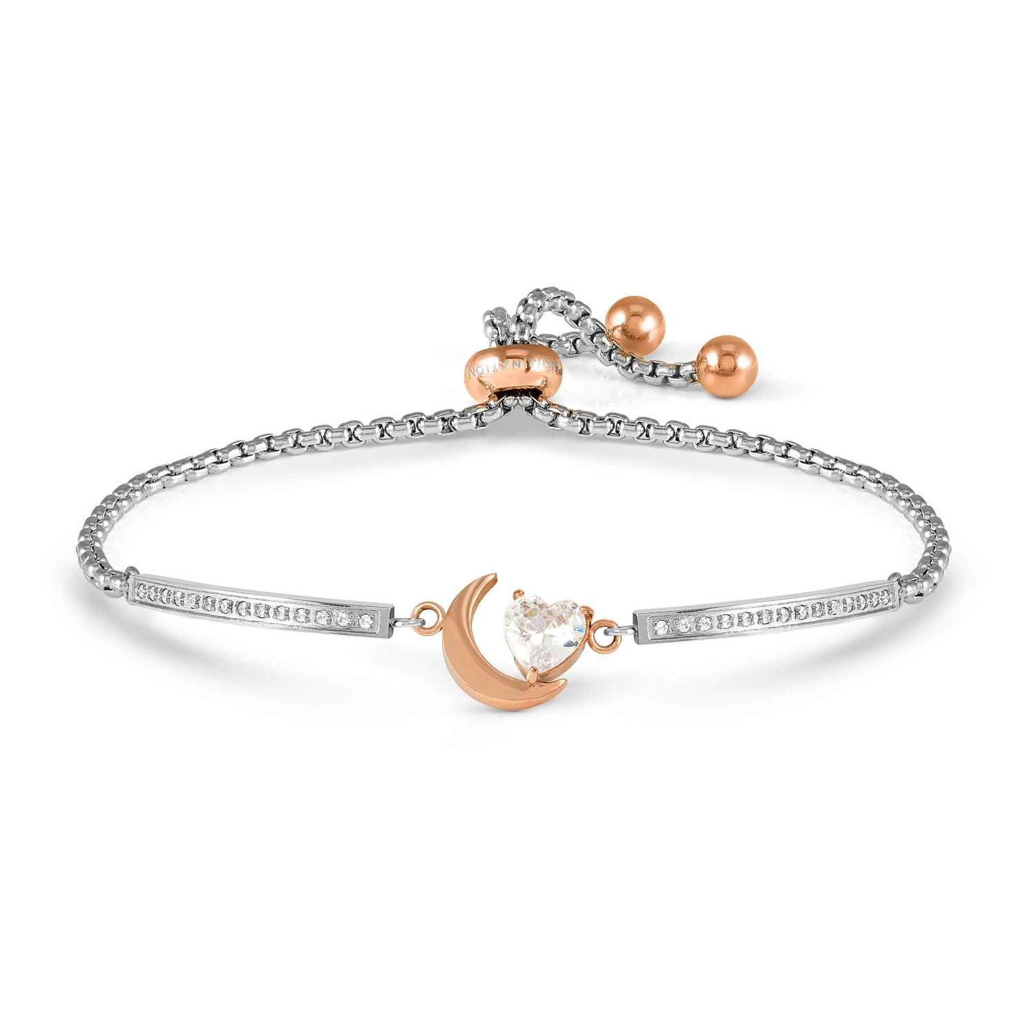 Nomination MILLELUCI REFINED EDITION Armband aus Edelstahl mit rosé PVD-beschichteten Details, dazu mit Cubic Zirkonia verziertes Schmuckelement (038_Mond)